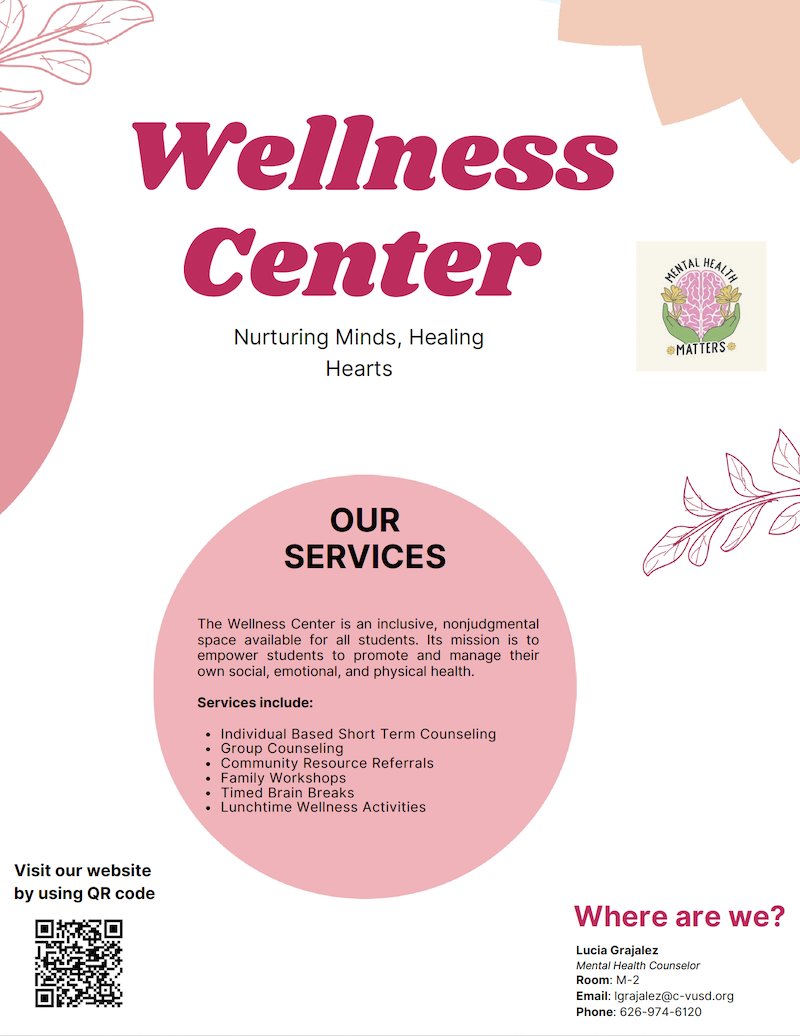 Wellness Center flyer. Located in M-2. Scan QR code to visit the Wellness Center Website.
